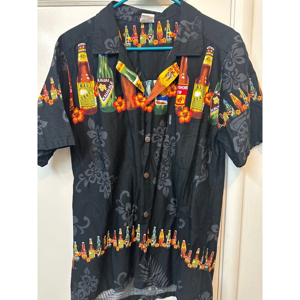 Palmwave Hawaii Mens Small Black Beer Bottle Hibiscus Cotton Aloha Camp Shirt